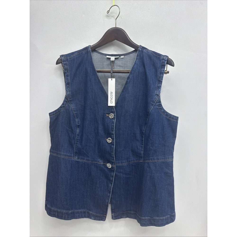 New Chicos Sleeveless Blue Jean Denim Vest US 14 Size Pearl Buttons